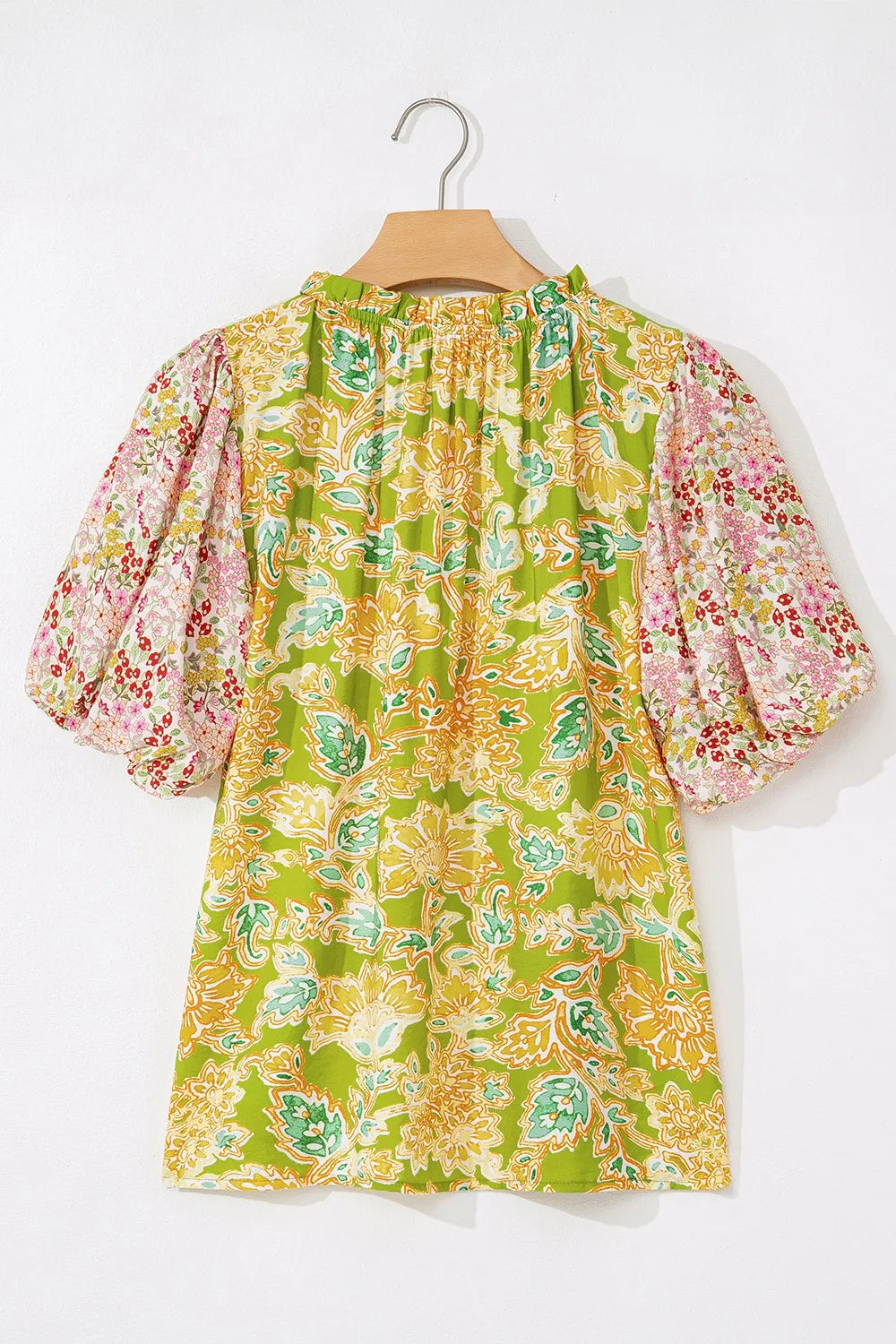 Multicolour Printed Contrast Bubble Sleeve Patchwork Blouse 1a4420fd-f5ce-4d84-a1f8-31e7d097b39c-Max-Origin