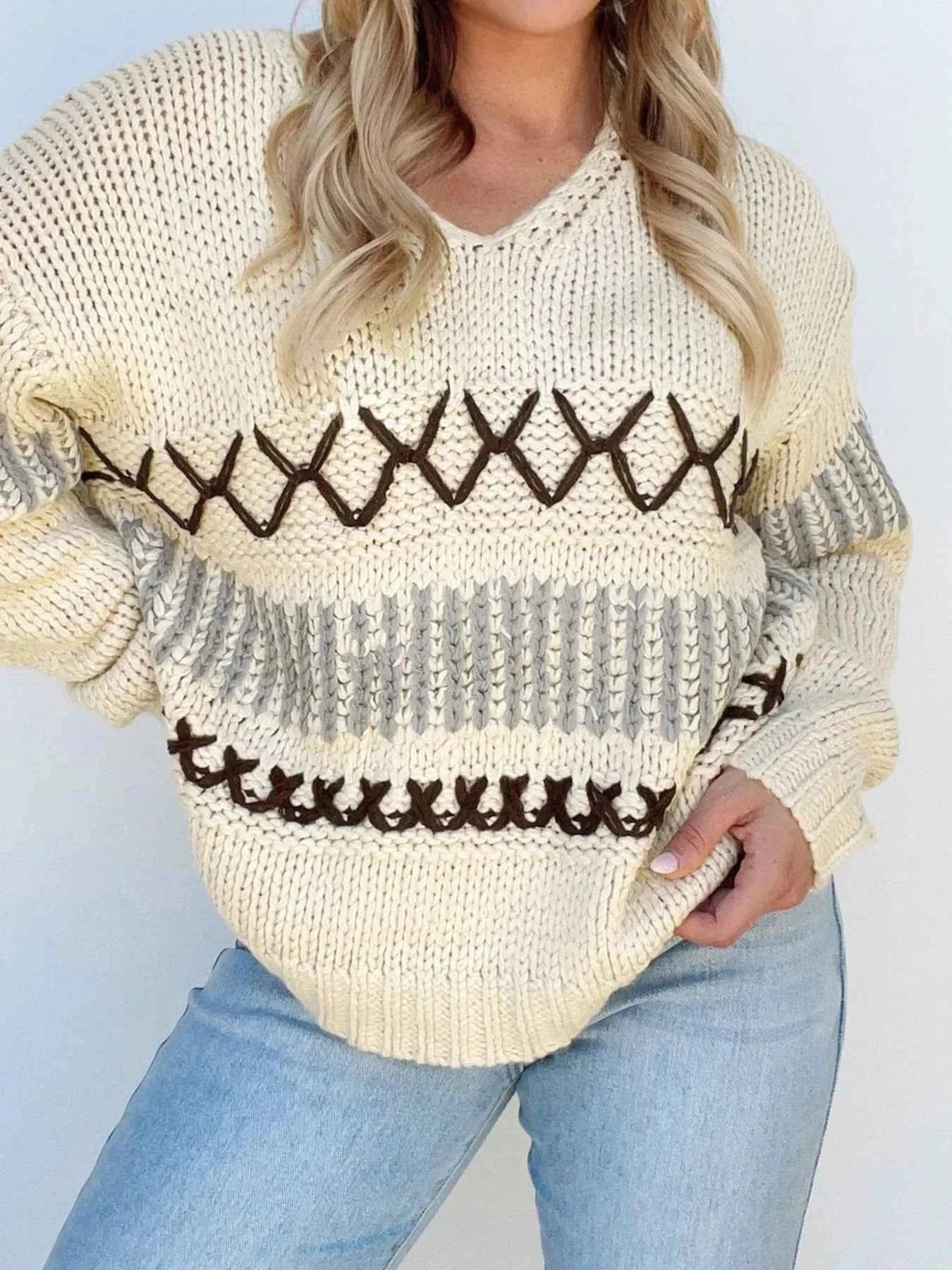 Contrast Stitch Detail V Neck Drop Shoulder Sweater Parchment 1a67cc47c3f246089dd23e02eb55c647-Max-Origin