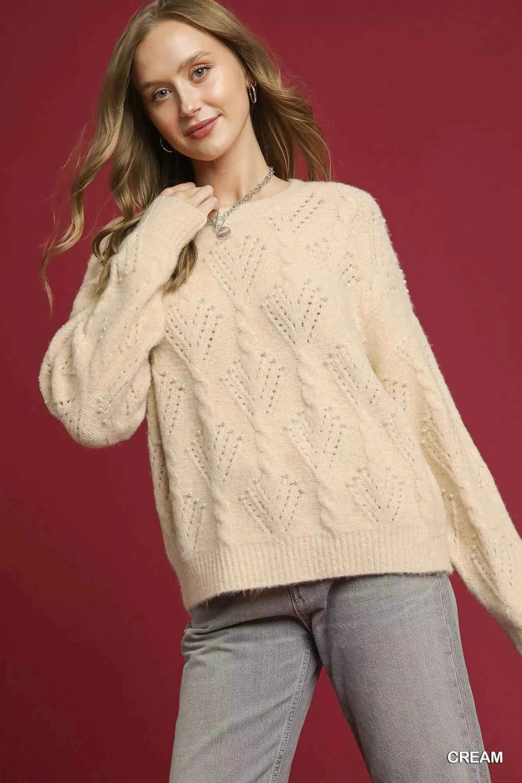 Umgee Pearl-Embellished Long Sleeve Sweater Cream 1a87fe37-f57f-4978-8f8a-bf606cb79a54-Max-Origin