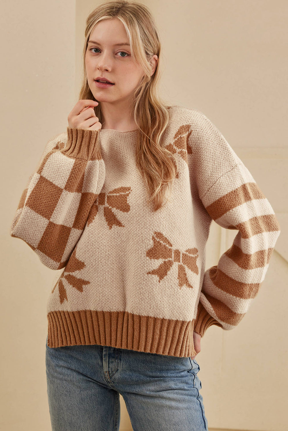 Straw Yellow Striped Checkered Sleeves Bow Print Knit Sweater 1a8b6e16298986a5