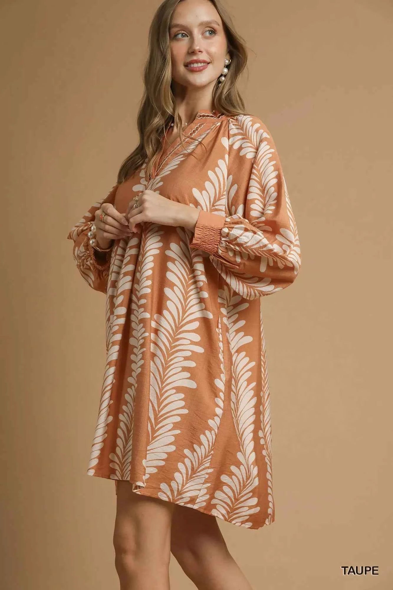 Umgee Leaf Print Notched Mini Babydoll Dress 1a96c991-04c3-422f-ac6c-a3166d1a3143-Max-Origin