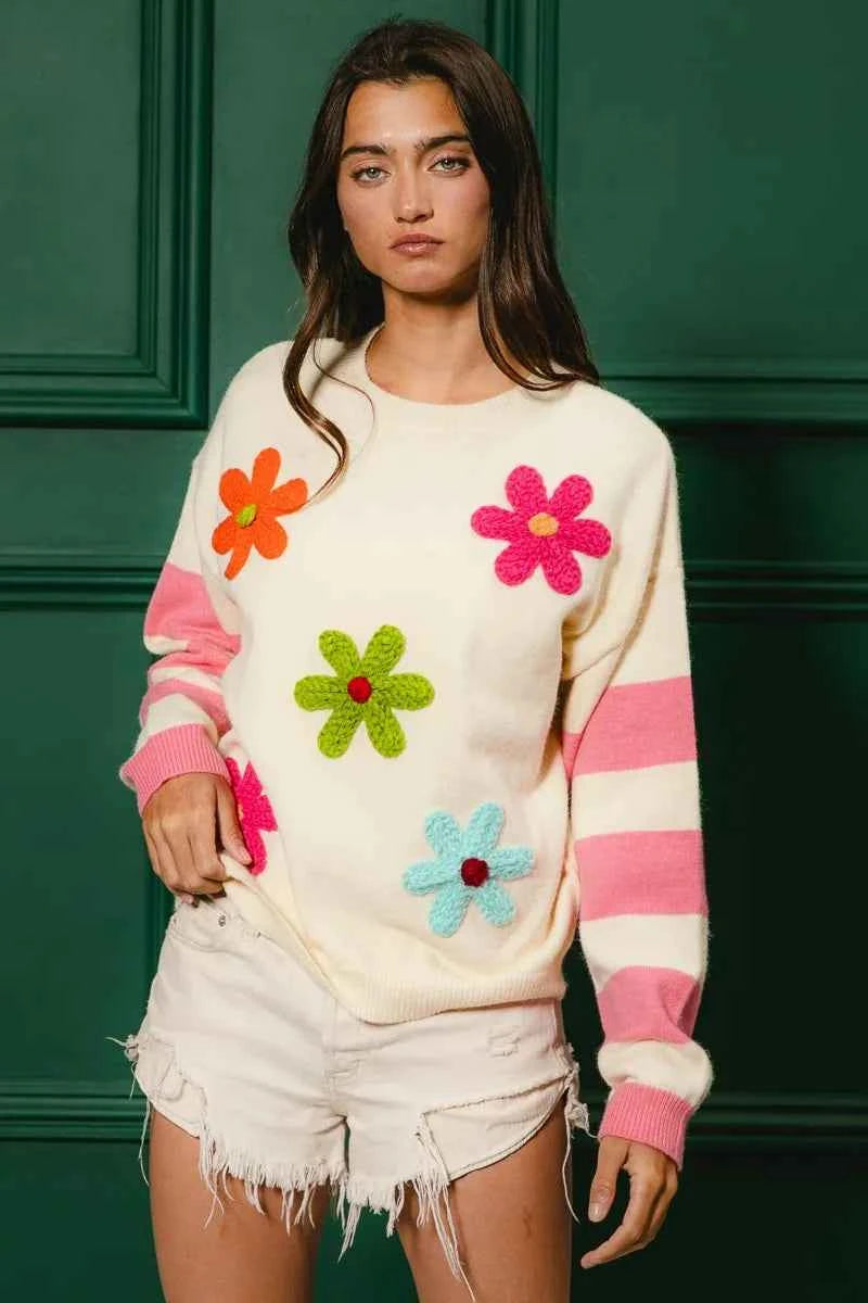 BiBi Colorful Floral Patched Sweater with Striped Sleeve 1aa6d863cb71414a9c24a448d3f59bb2-Max-Origin