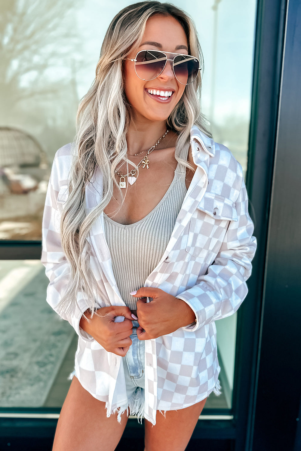 Khaki Checkerboard Flap Pocket Button Front Shacket 1ac6f102a1c609e5