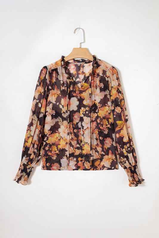 Floral V-Neck Long Puff Sleeve Blouse