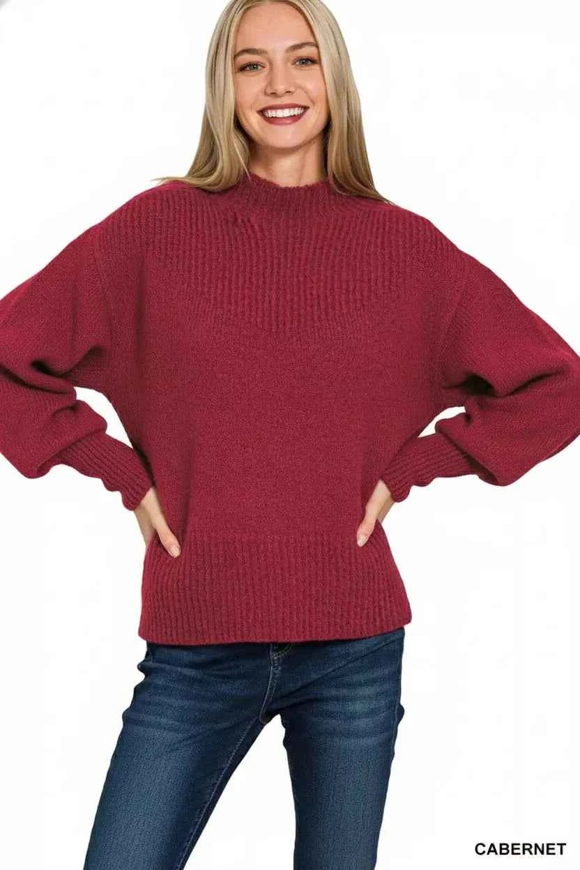 Zenana Balloon Sleeve Mock Neck Sweater 1b33ff6e-15a8-42ab-b6ae-94fd479401ef-Max-Origin