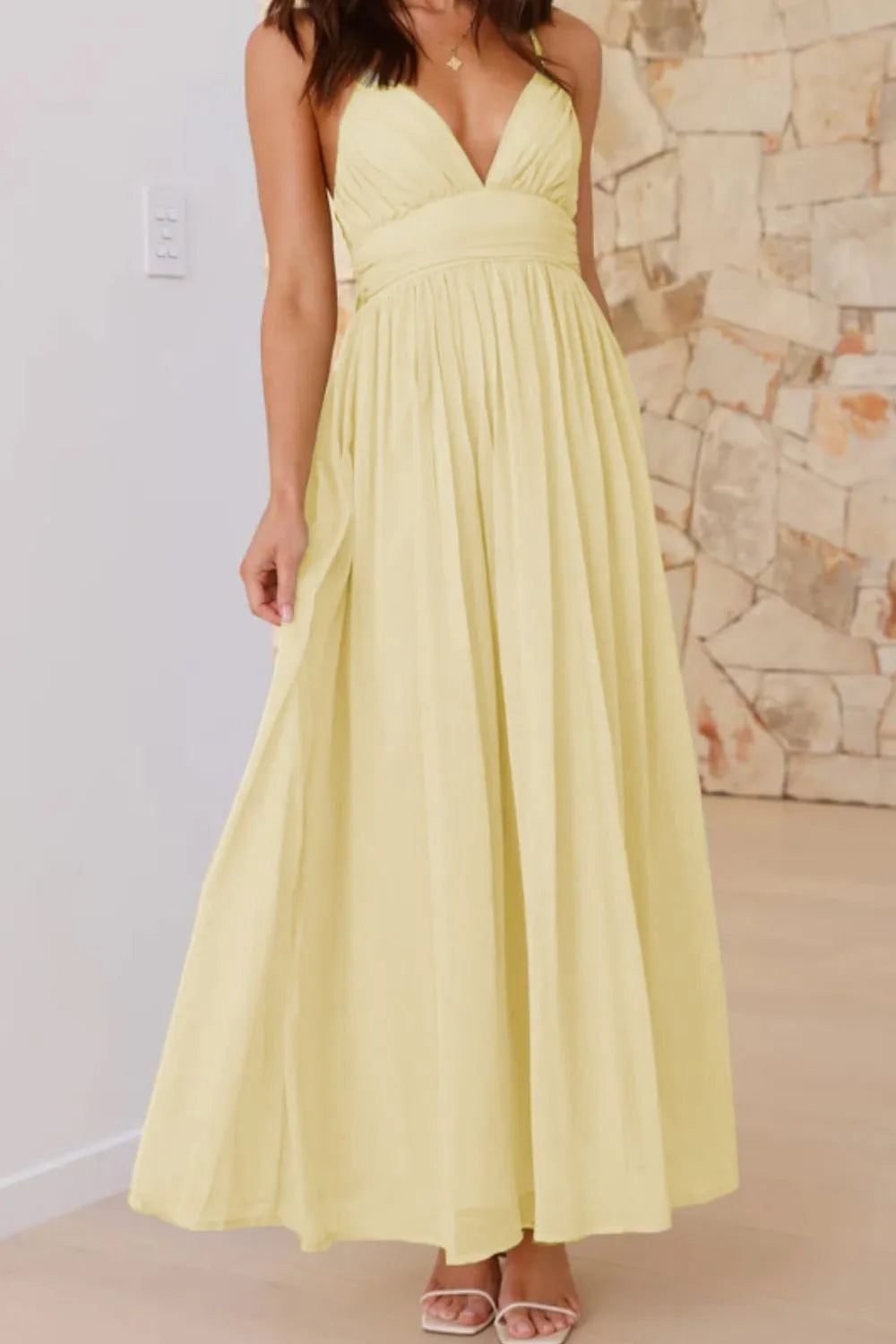 Ruched V-Neck Cami Dress Light Yellow 1b358752-8c62-4fde-b3b5-f915bd096e2a-Max-Origin