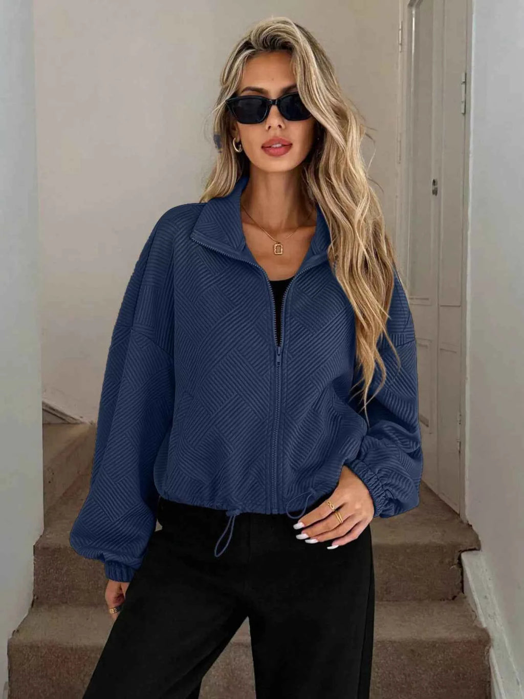Drawstring Hem Textured Long Sleeve Jacket 1b3c6e53700e4432aa4740aa6fa07fd5-Max-Origin