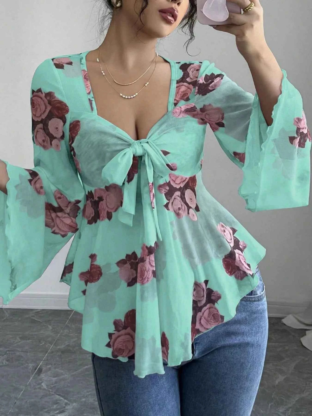 Floral Tie Front Flare Sleeve Blouse 1b438af6-65df-45b9-b868-31acd9e9707d-Max-Origin
