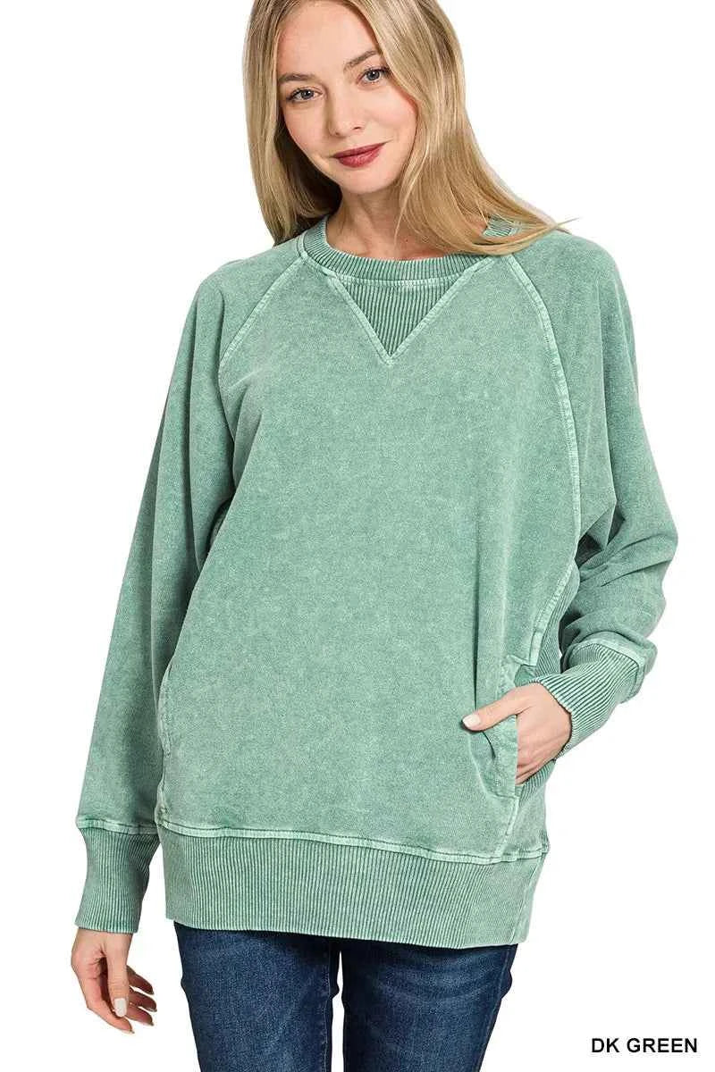 Zenana Halo Snow Washed French Terry Round Neck Sweatshirt DK GREEN 1b43f6c82a4240ae99b7841d5760f98c-Max-Origin