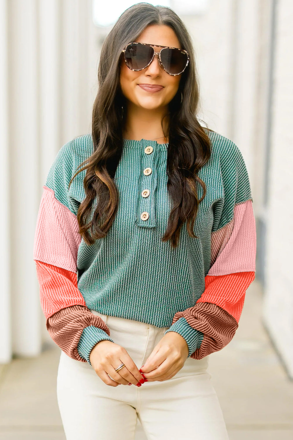 Multicolour Twisted Ribbed Colorblock Patchwork Henley Top 1b559fdd10d94dd5