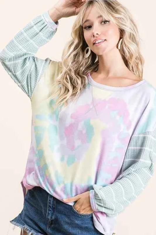 BiBi Tie Dye Terry Top with Wide Stripe Thermal Waffle 1b612b6007124fdebfd89f3290eae00b-Max-Origin
