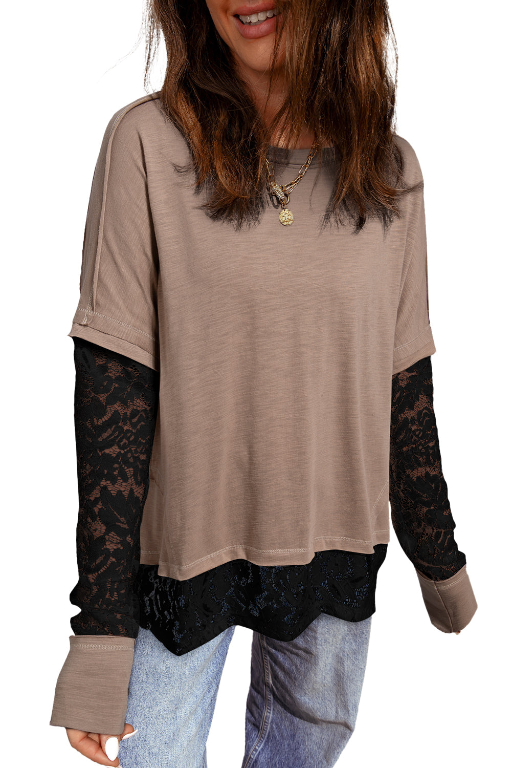 Light French Beige Sheer Lace Patchwork Casual Long Sleeve Tee 1b64691fa10a514a
