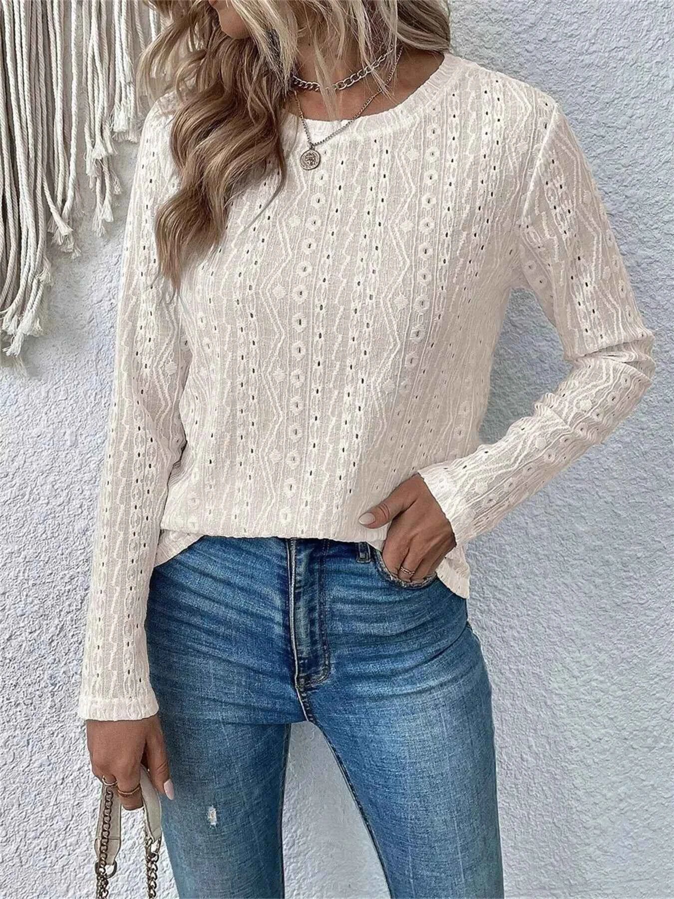 Full Size Eyelet Round Neck Long Sleeve Blouse Plus Size Khaki 1b65b0c4a94442bd929e31815784713f-Max-Origin