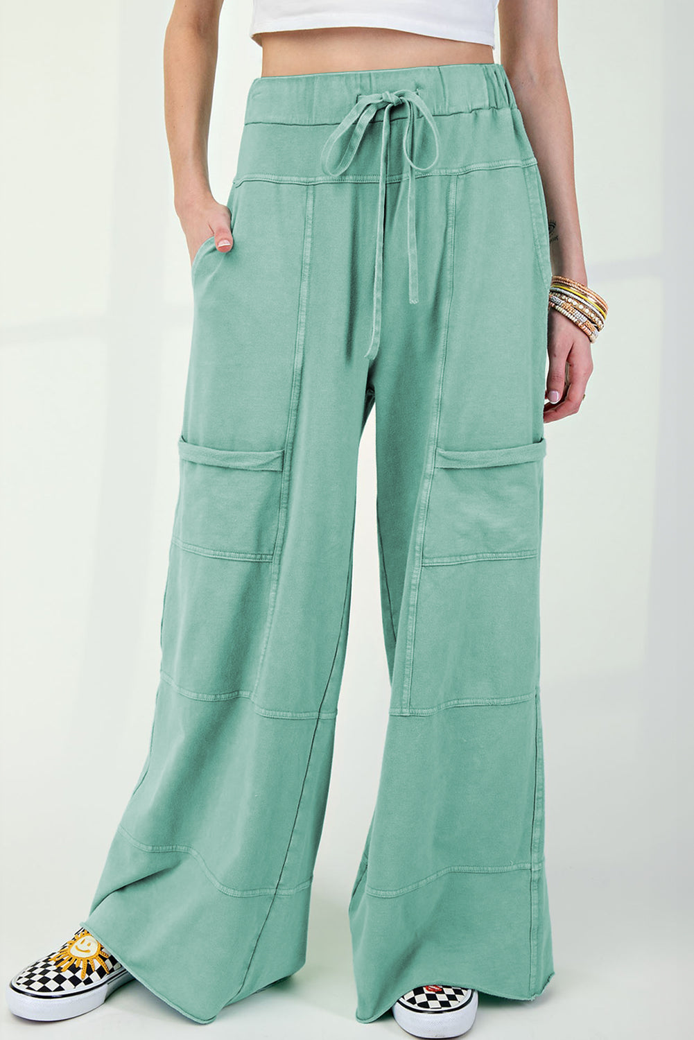 Black Mineral Wash Exposed Seam Wide Leg Cargo Pants Mint Green 100%Cotton 1b75f3a8b992137a