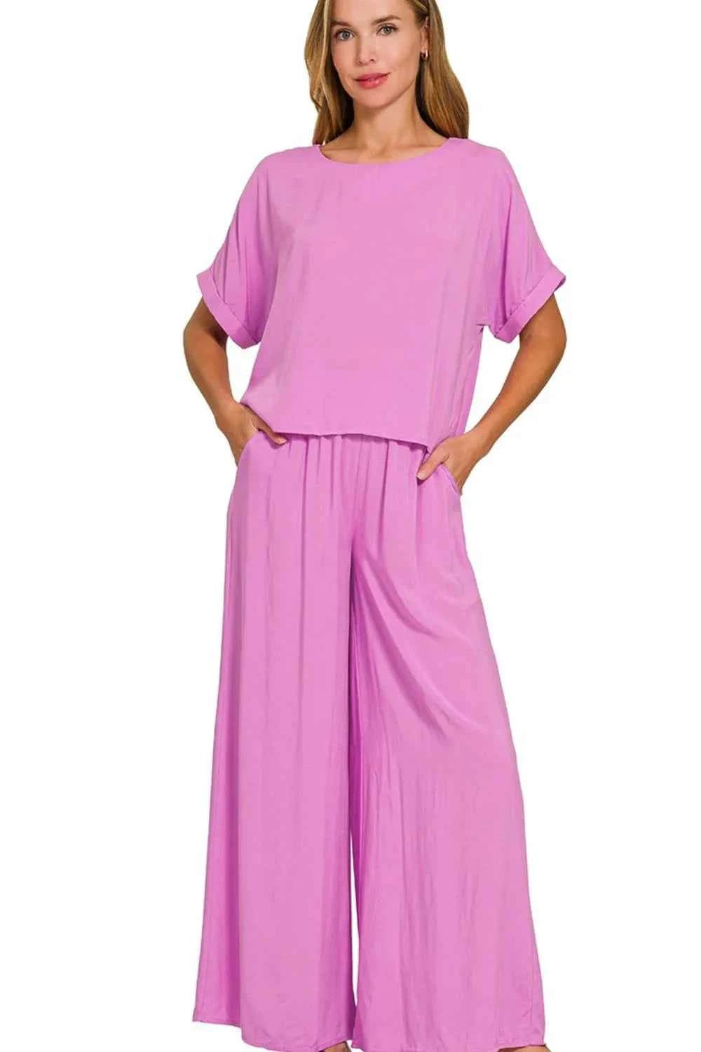 Zenana Round Neck T-Shirt and Wide Leg Pants Set BRIGHT MAUVE 1b78b473-15b8-427d-b23c-c78931e1da7b-Max-Origin