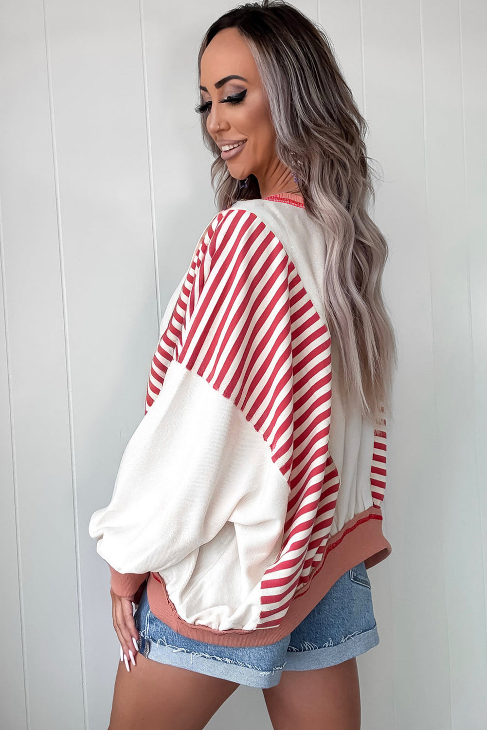 Red Striped Colorblock Patchwork Oversized Sweatshirt 1b93155102c79d65