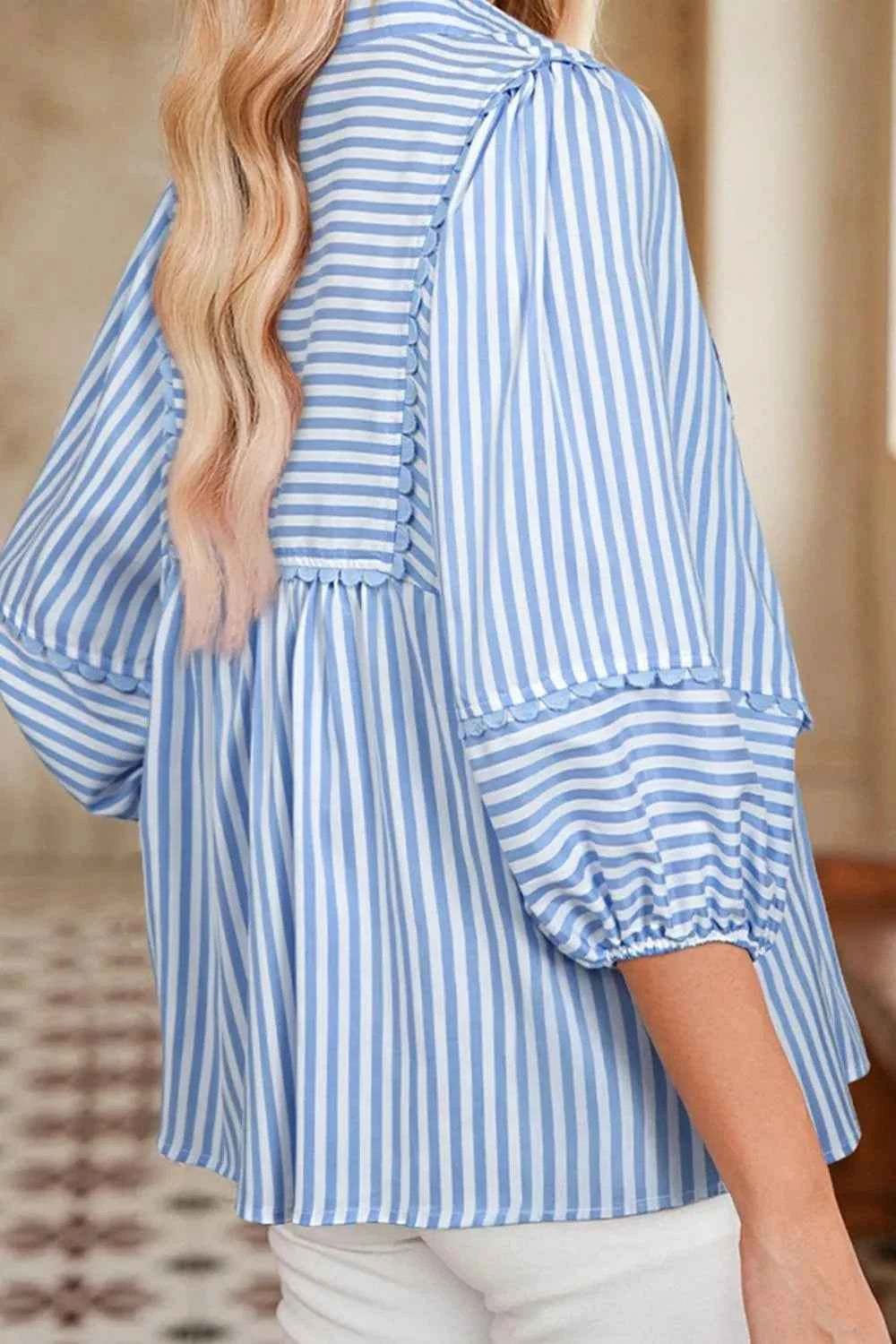 Striped Notched 3/4 Sleeve Blouse 1b9412da-c2d1-429a-acbc-f67e9b1c3ab4-Max-Origin