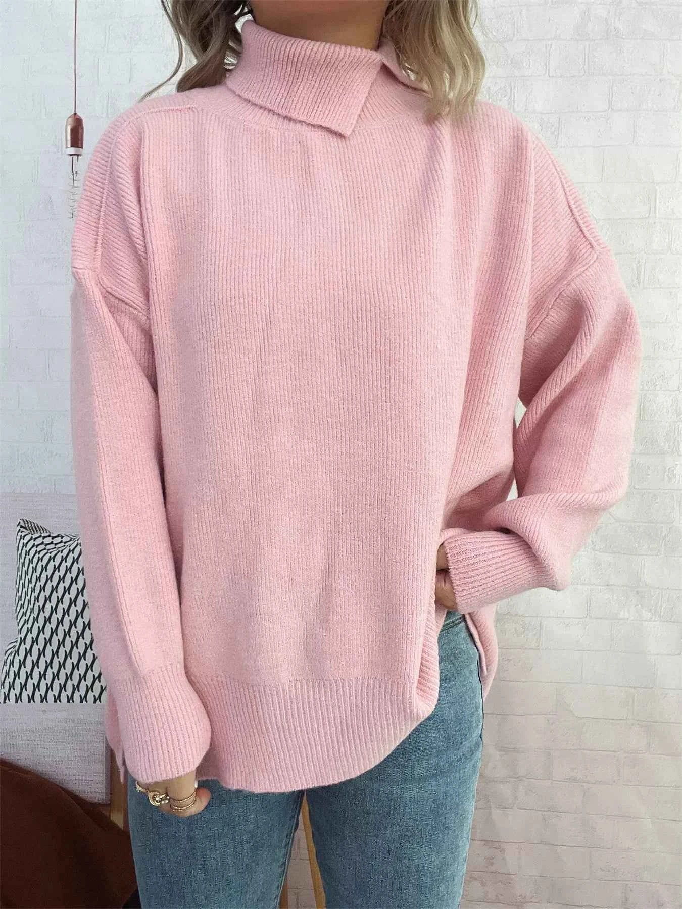 Slit Turtleneck Long Sleeve Sweater Pink One Size 1ba6f207009143a1ba2be34e5846fd52-Max-Origin