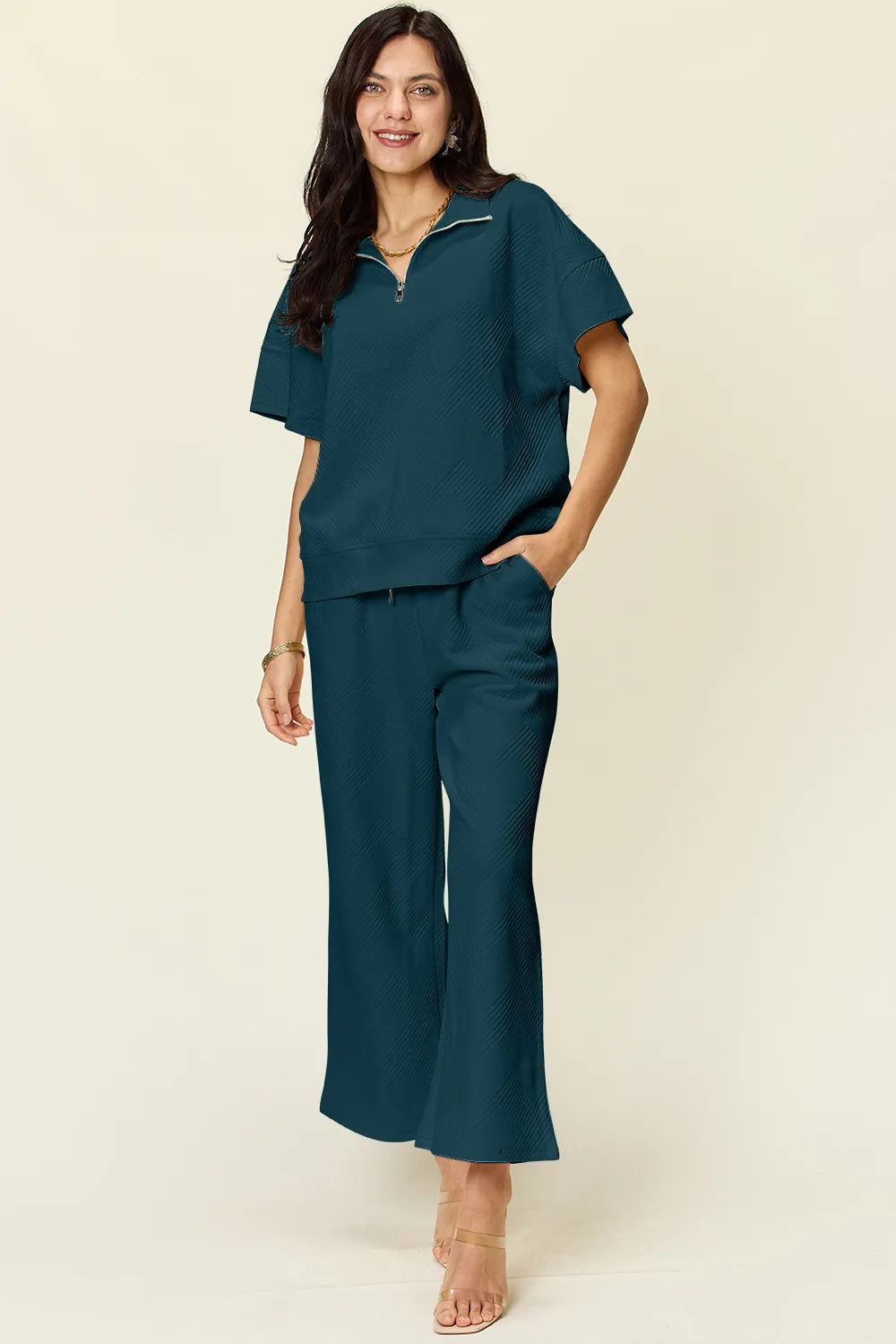 Double Take Full Size Texture Half Zip Short Sleeve Top and Pants Set Deep Teal 1bab1a9f-bb4e-4b9b-b741-fc94b6c933d0-Max