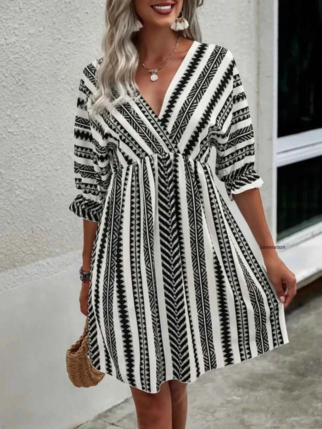 Geometric Print V-Neck Mini Dress Black 1bc3b945e418428693d5fdb8a2be3083-Max-Origin