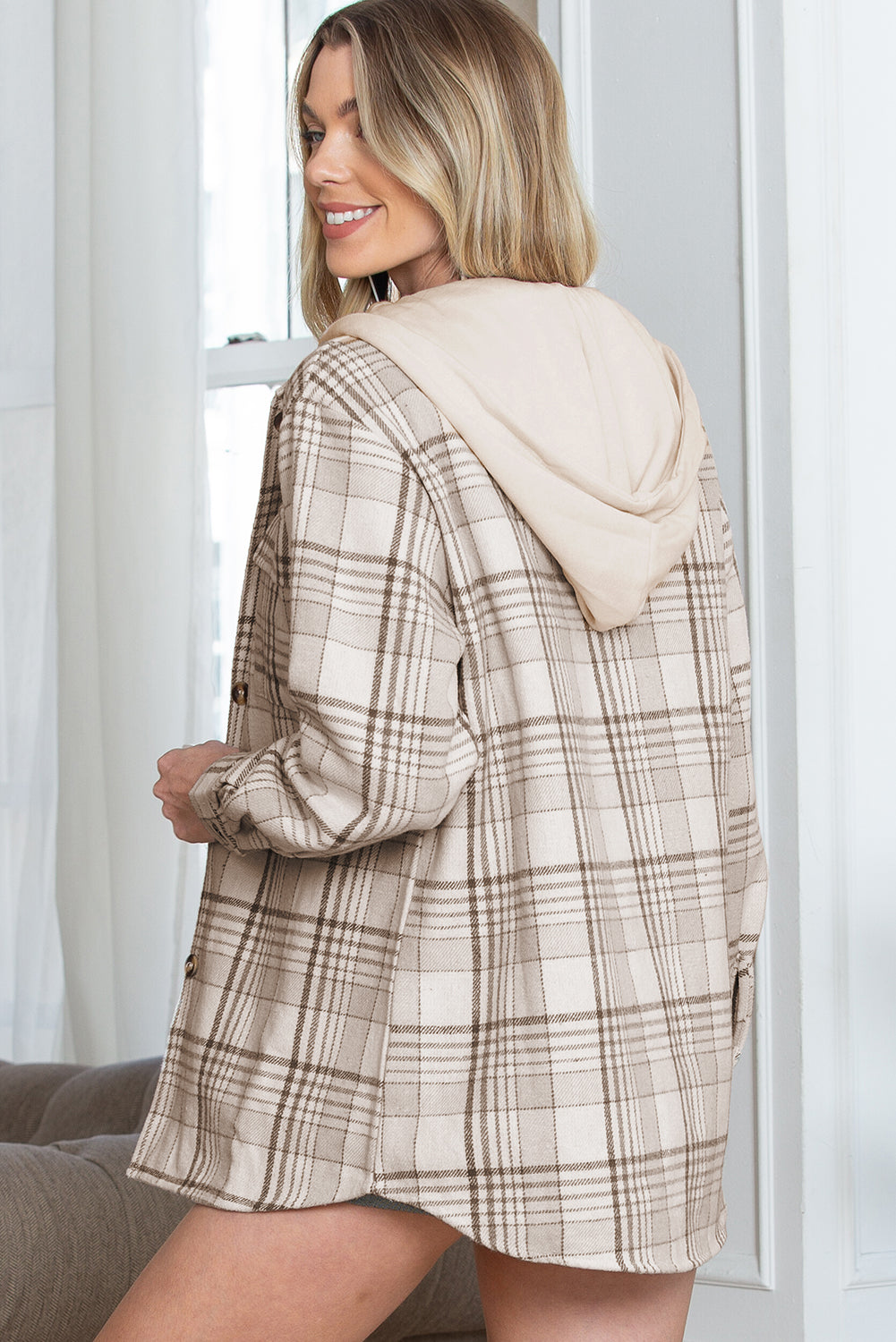 Khaki Plaid Removable Hooded Button Up Jacket 1bd3ac9306b1d138