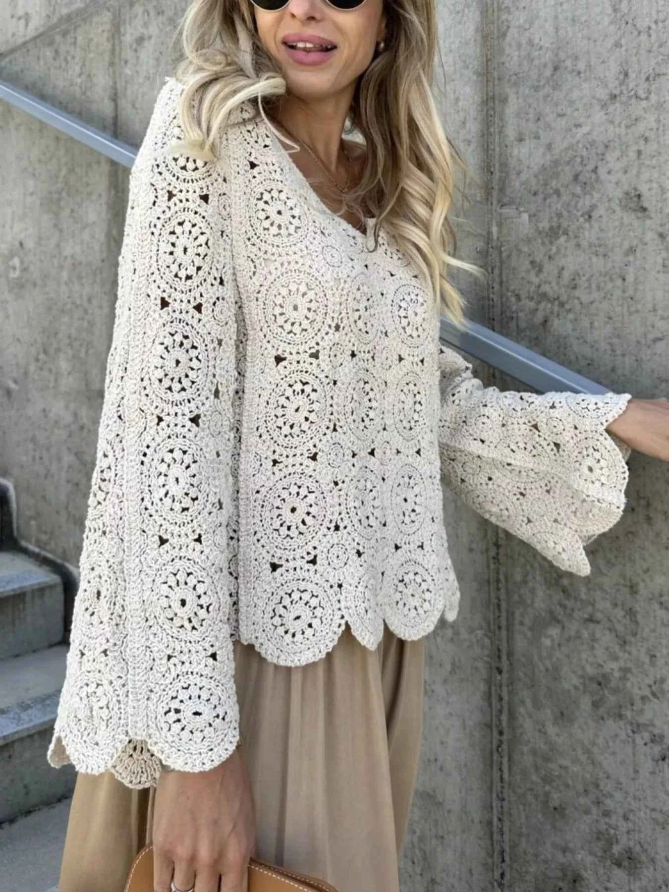 Crochet Lace V-Neck Bell Sleeve Knit Top Apricot One Size 1bd75975-a261-41b6-9408-2fc60098a90d-Max-Origin