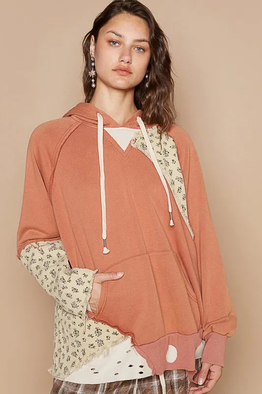 POL Floral Patchwork Distressed Drawstring Hoodie Ochre 1bda2238-2e97-4f67-8eee-3981e8c356ac-Max