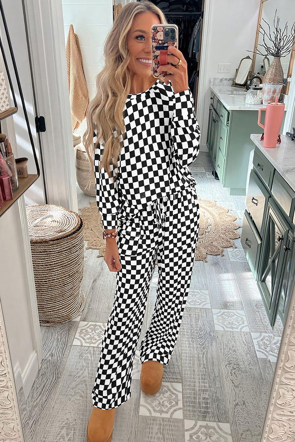 Beige Checkered Print Long Sleeve Loose Fit Pajama Set 1bdea449f0f0c086