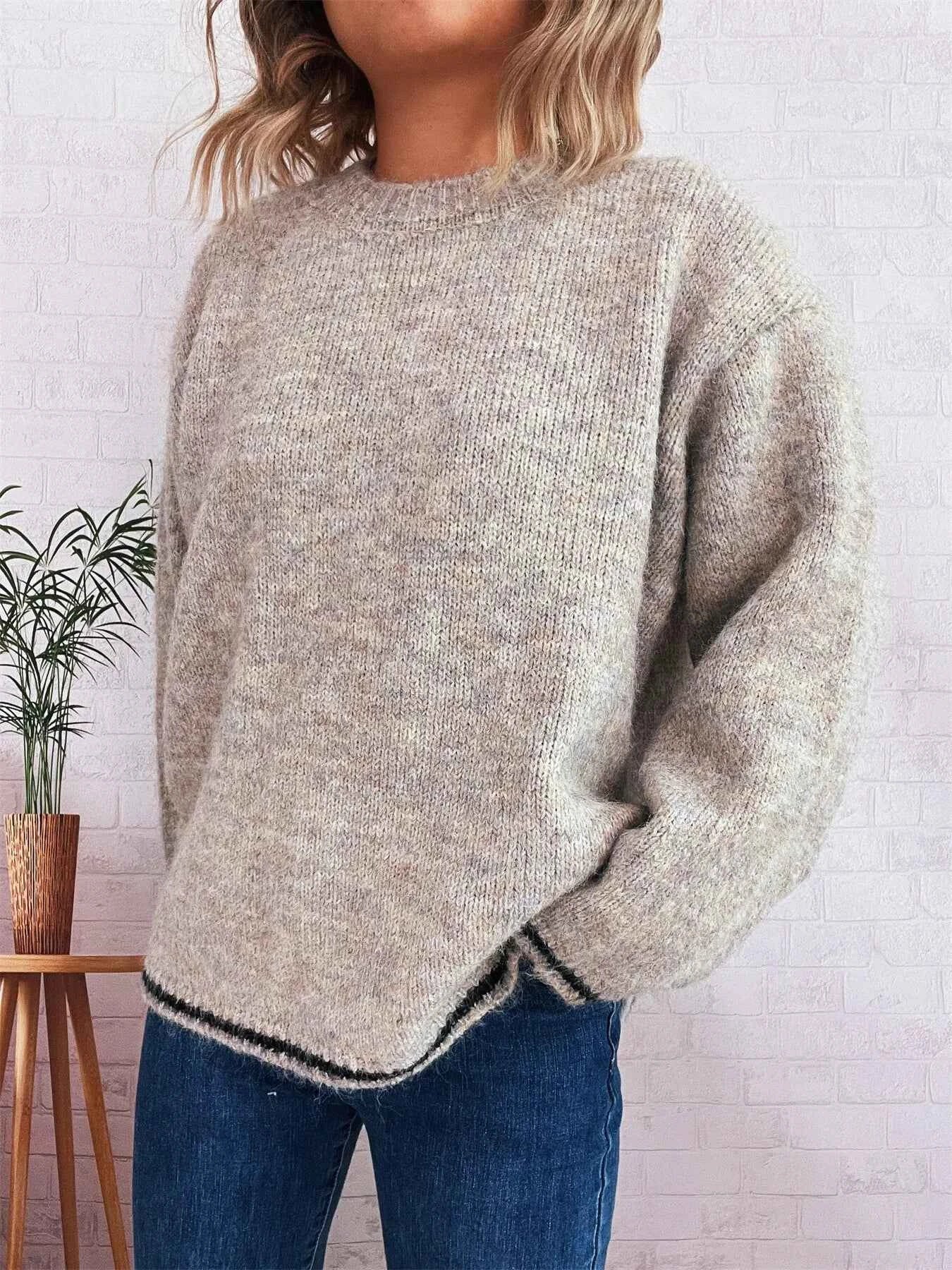 Contrast Trim Round Neck Cozy Sweater Khaki One Size 1bdeef72b1674eac887c281bdccc5aa6-Max-Origin