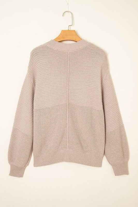 Ribbed Patchwork Textured Knit Puff Sleeve Sweater 1bdfcb35-0c25-4832-9368-c212c9af7915