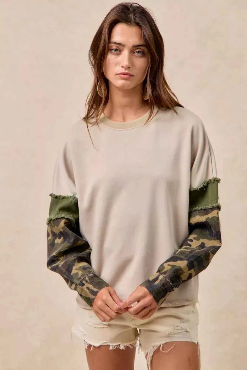 BiBi Camo Sleeve French Terry Top with Frayed Edge 1be35cfc41cc4a62b204b7c280ce1f13-Max-Origin