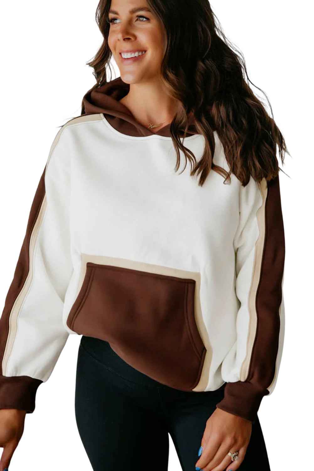 Coffee Colorblock Kangaroo Pocket Long Sleeve Hoodie Coffee 50%Polyester+50%Cotton 1bf42f10dbc813ea