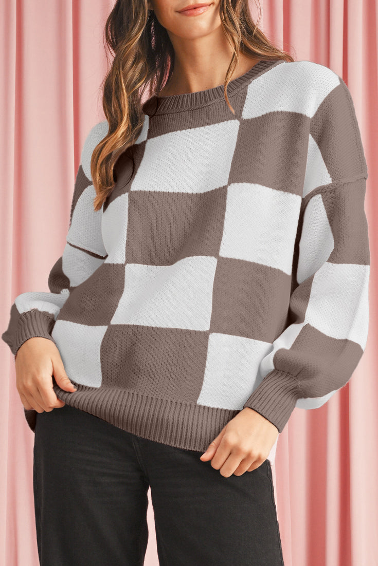 Pink Checked Bishop Sleeve Pullover Sweater Dark Brown 100%Acrylic 1c0ab6d067af01f9