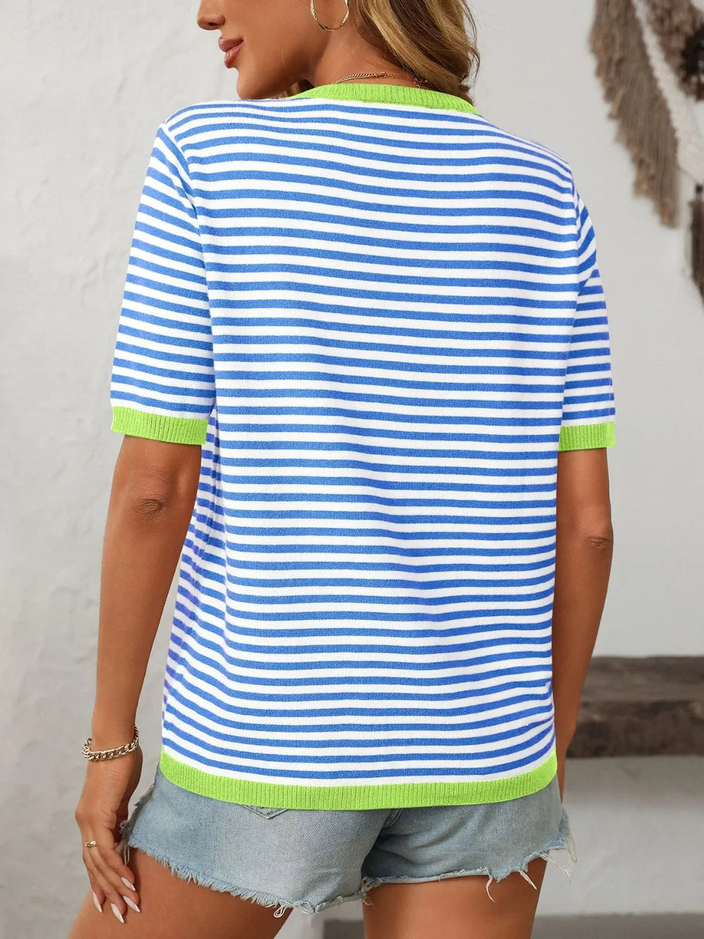 Mandy Striped Round Neck Half Sleeve Knit Top 1c0de787-028f-4cb5-bb79-24fd036f0635-Max