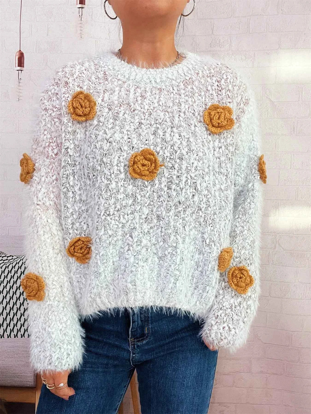 Flower Embellished Round Neck Sweater 1c272c4418764ecd9d7128ca02b1a024-Max-Origin