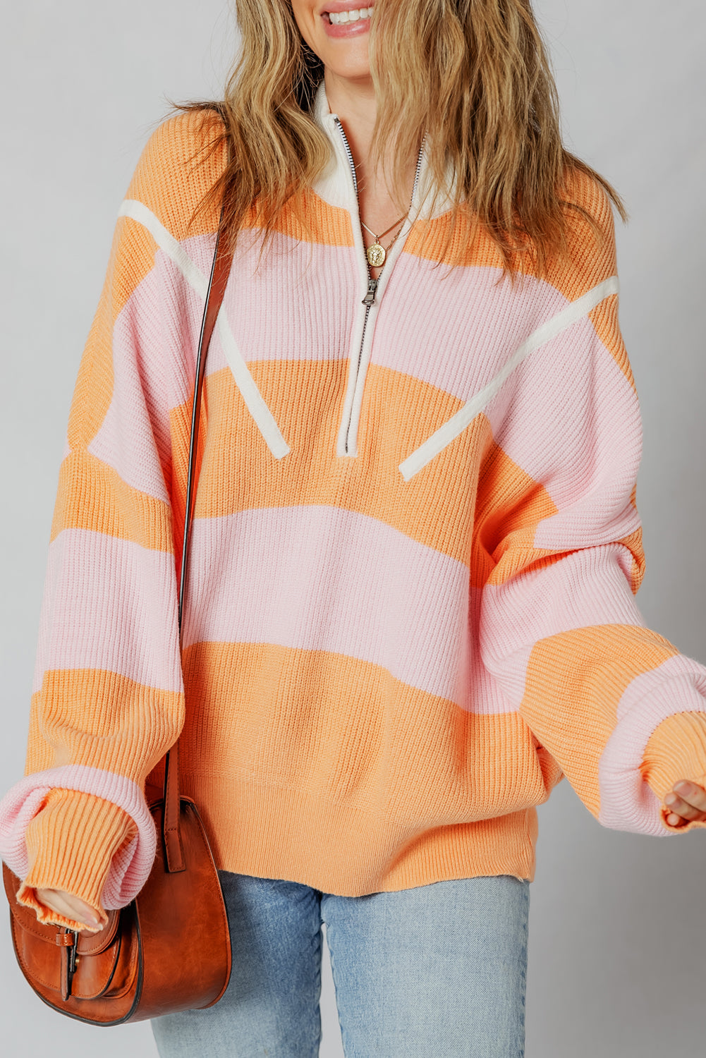 Orange Stripe Half Zip Collar Loose Sweater 1c29c4a33bef060a