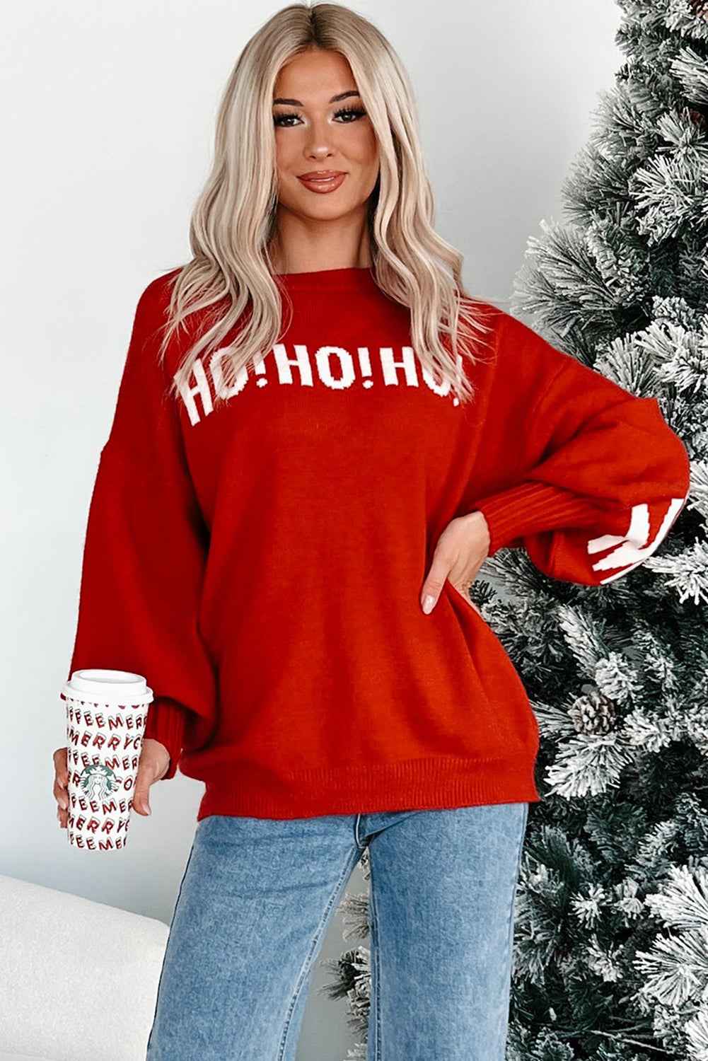Fiery Red MERRY CHRISTMAS HO HO HO Drop Shoulder Loose Sweater 1c3ef83137131f99