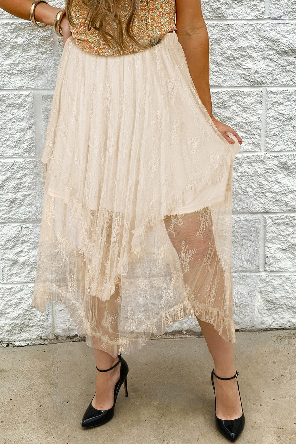 Apricot Lace Cascading Tiered High Waist Maxi Skirt Apricot 1c455d1d14d88c90