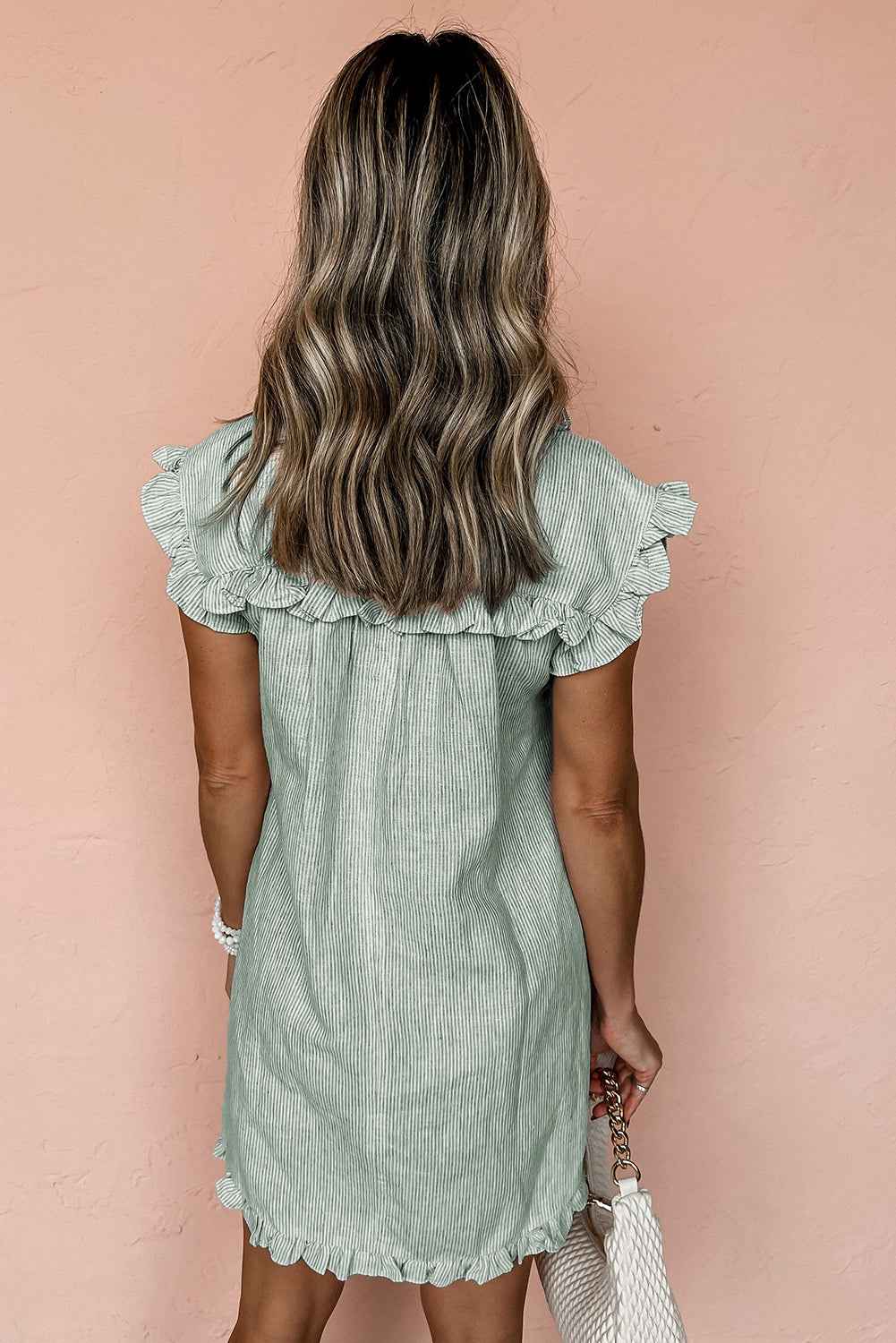 Green Stripe Frill Trim Pocket Button Up Mini Dress 1c4c41774c6cf2df