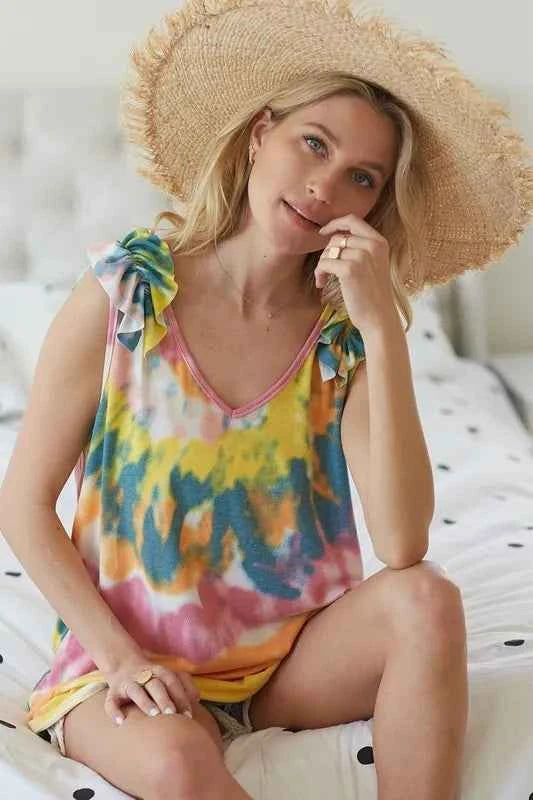 BiBi Circular Tie Dye Knit V Neck Top With Ruffle 1c6c6288b424457091f3c3fc8dd45c57-Max-Origin