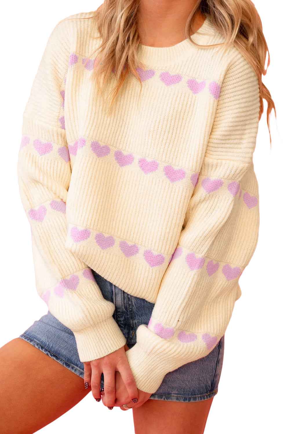 Pink Heart Pattern Ribbed Round Neck Knit Sweater 1c744101a3694709