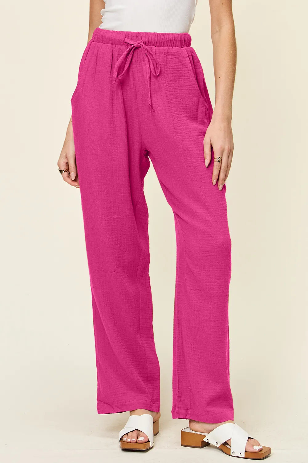 Double Take Full Size Texture Drawstring Straight Pants Hot Pink 1c765de1-1c6e-4639-ae88-0ec296894b2f-Max