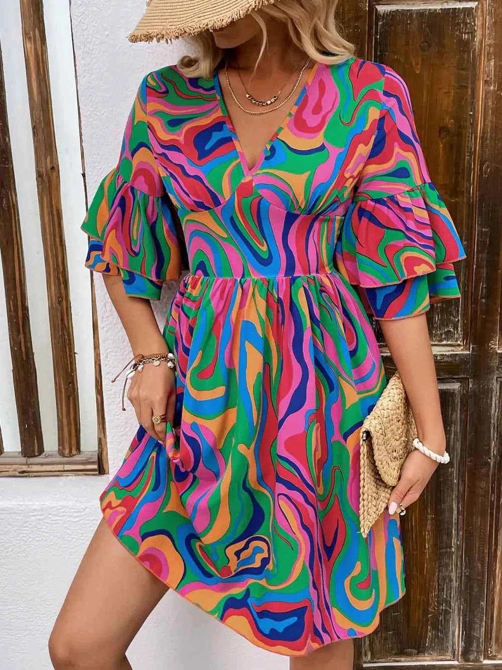 Ruffled Printed V-Neck Half Sleeve Mini Dress Deep Rose 1c7a16fd-2d36-44a4-8f56-2054541bed39-Max