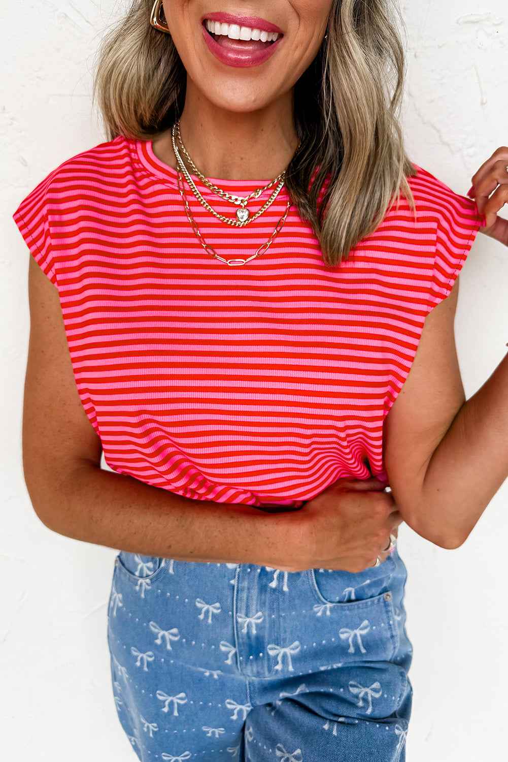 Sky Blue Stripe Ribbed Cap Sleeve Round Neck T Shirt Red Stripe 1c7d3e0a18161b41