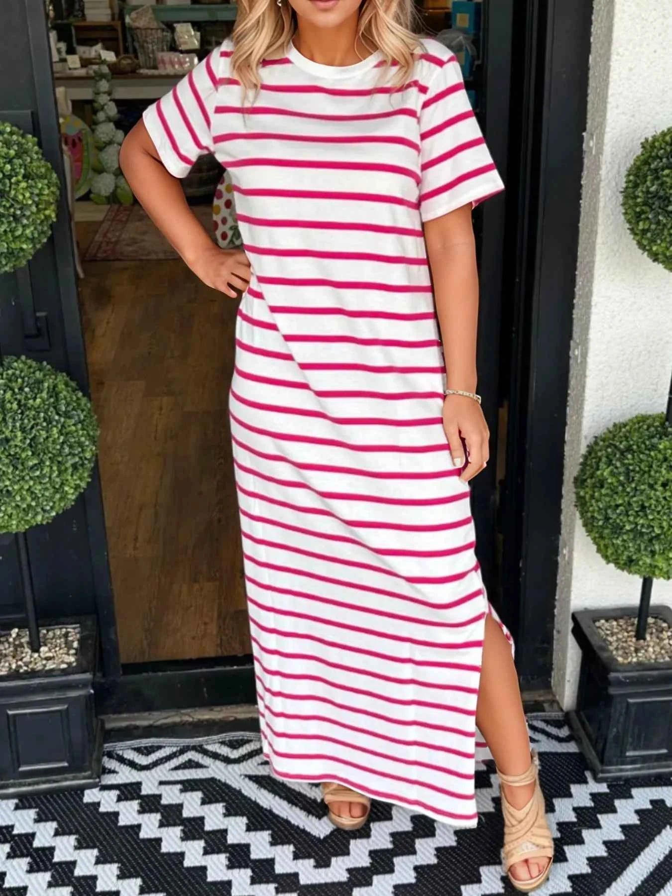 Plus Size Striped Maxi Dress with Side Slit - Full Size T-Shirt Style Strawberry 1c7e1a9c-a162-4368-ad4d-fb4c7b98ec54-Max-Origin