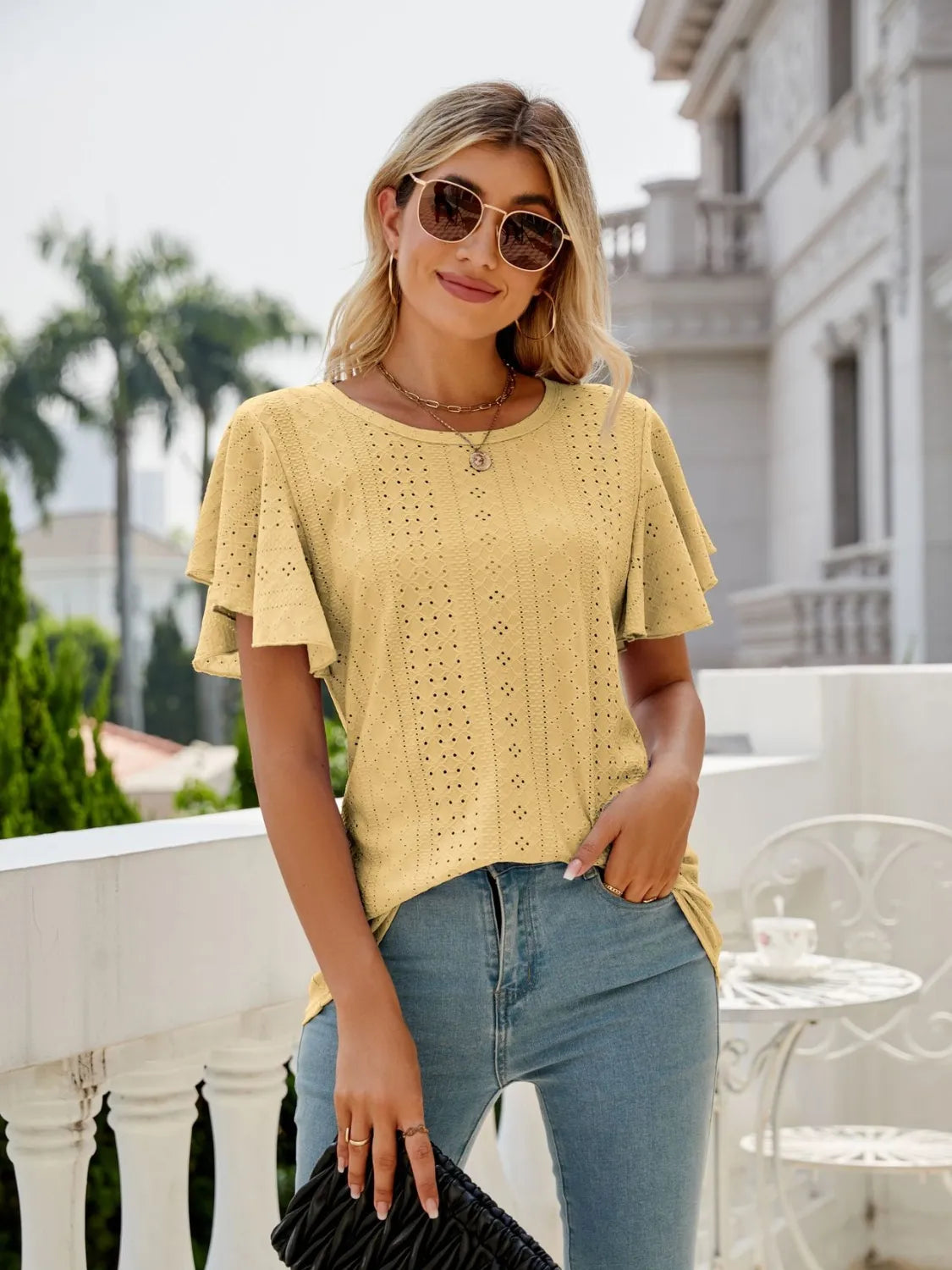 Eyelet Round Neck Flutter Sleeve T-Shirt Pastel Yellow 1c886cfb-a35f-41cd-a734-a5942533fd3f-Max-Origin