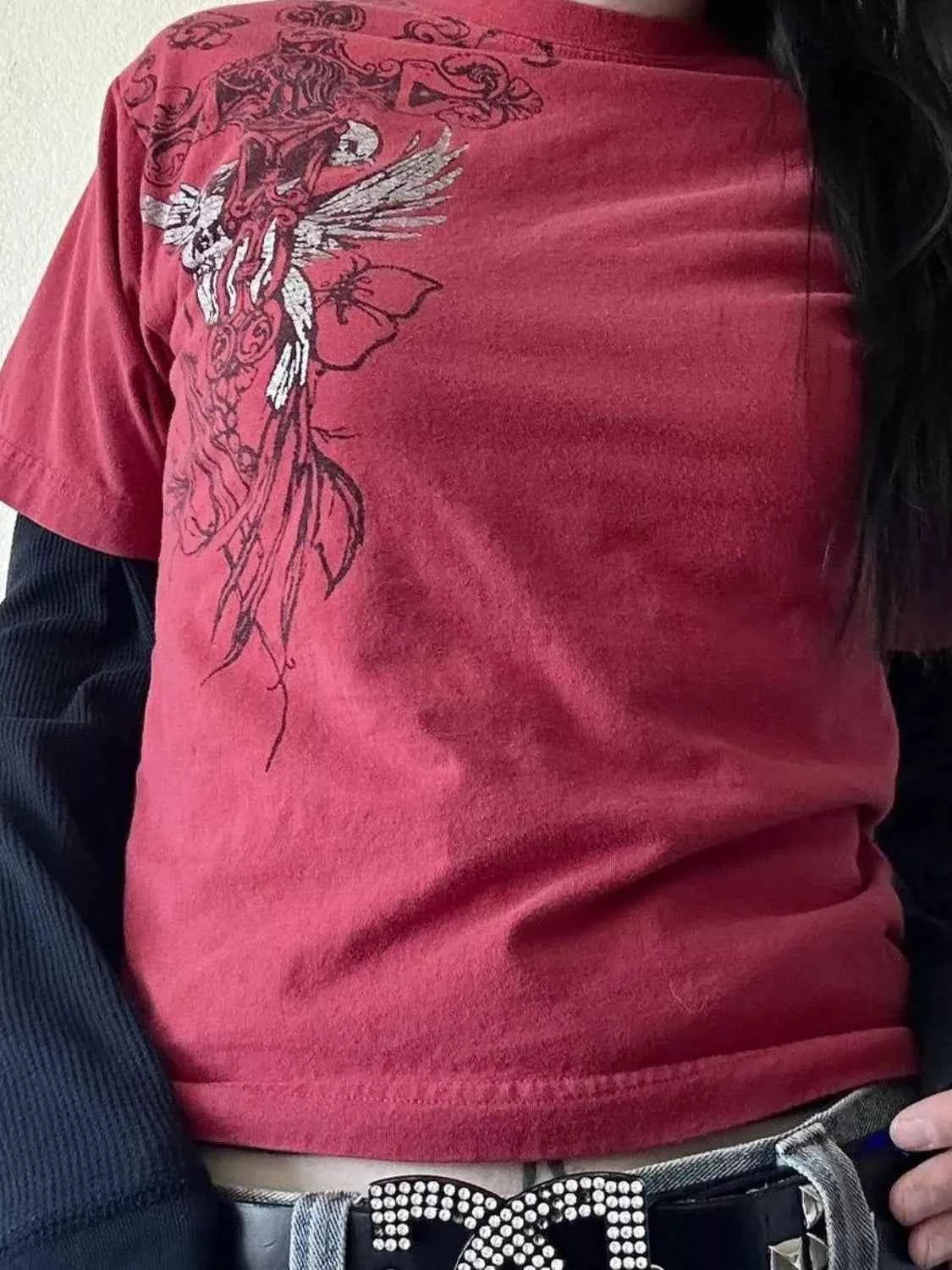 Skull Graphic Round Neck Long Sleeve T-Shirt Deep Rose 1c8c9054-2422-4898-917a-85d3827548ae-Max-Origin