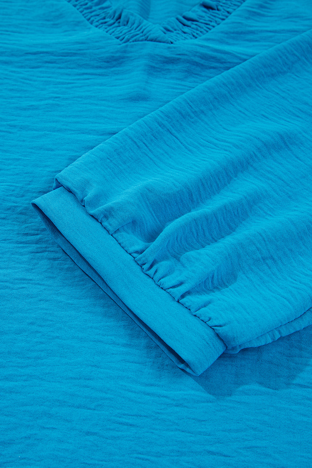 Sky Blue Frill V Neckline Puff Sleeve Crinkled Blouse 1c93fdb38293405c