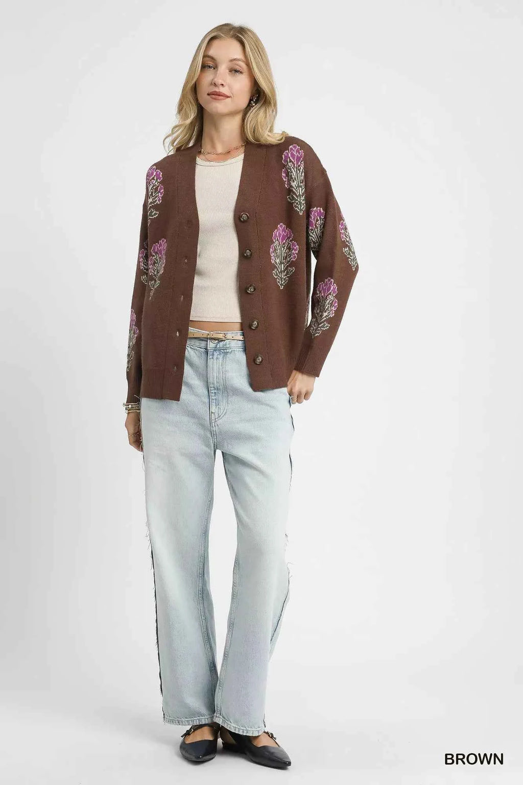Umgee Single Flower Stem Jacquard Cardigan Sweater 1c94119c-cb13-4ed0-8109-628f91ca6449-Max-Origin