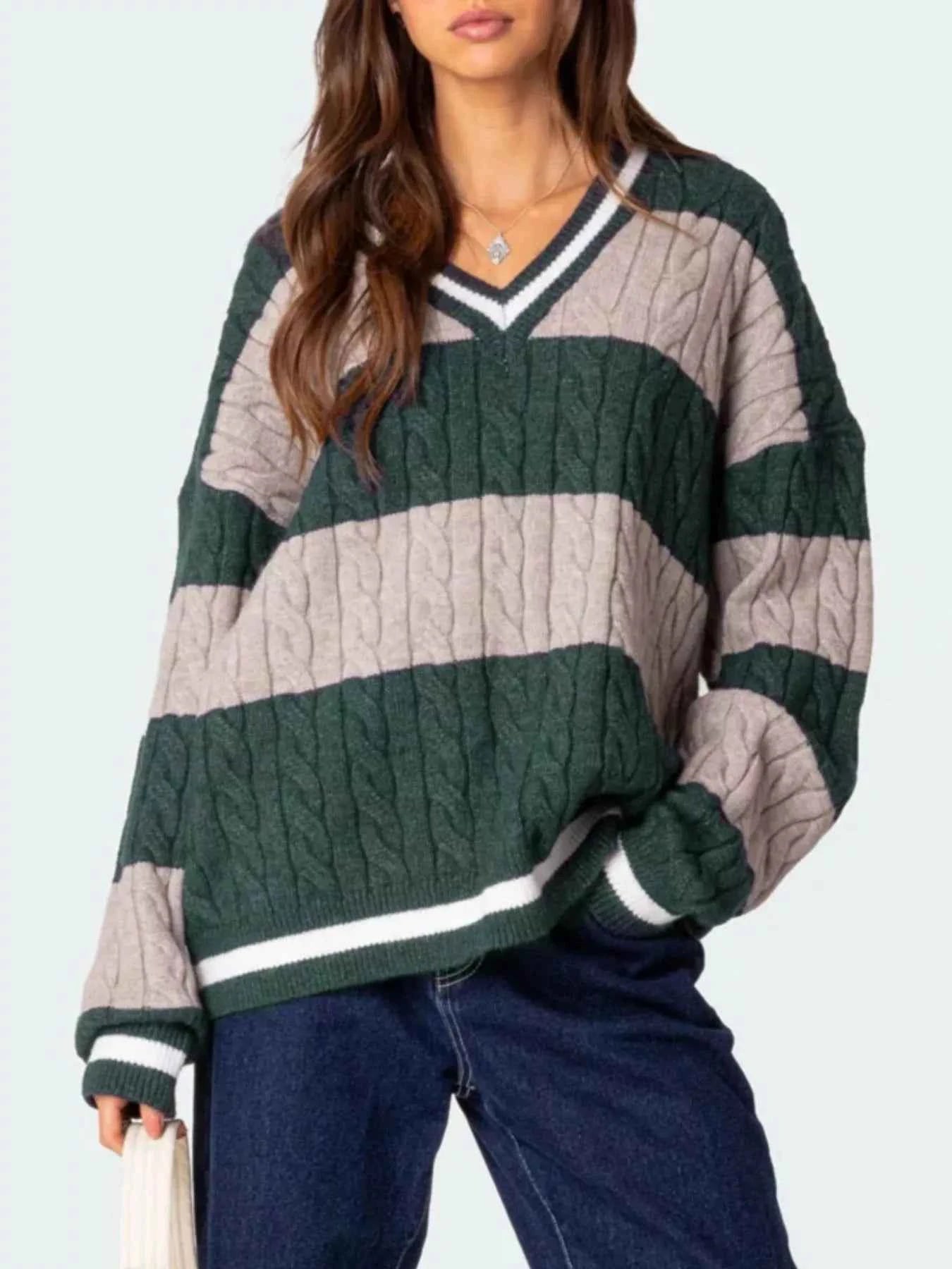 Striped Cable Knit V-Neck Sweater 1c949f85-ab2e-4960-9880-91e4fa00157f-Max-Origin
